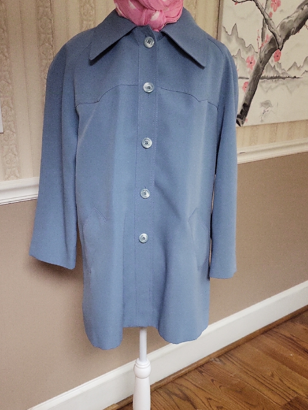 Astor One, Vtg. Classic Blue Womens Pointed Collar Button-Front Blazer Jacket, L